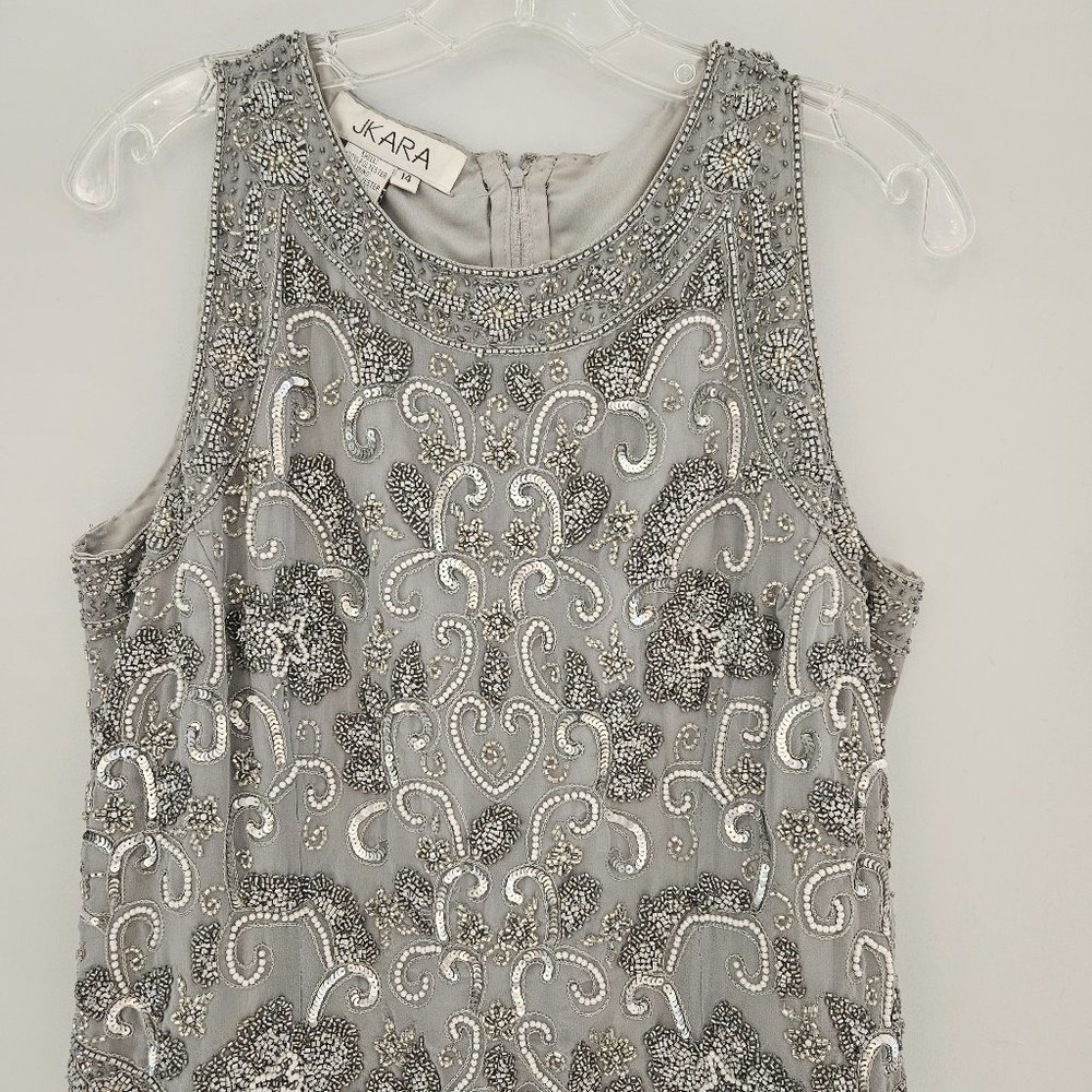 JKara Silver Beaded Maxi Evening Dress Size 14